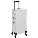 SONGMICS Maleta de Maquillaje Profesional, Maletín para Cosméticos 3 en 1, Extra Grande, Maletín de Peluquería, 35 x 25 x 69,8 cm, con Cerradura, Ruedas 360°, para Viaje, Regalo Ideal, Plata JHZ01S