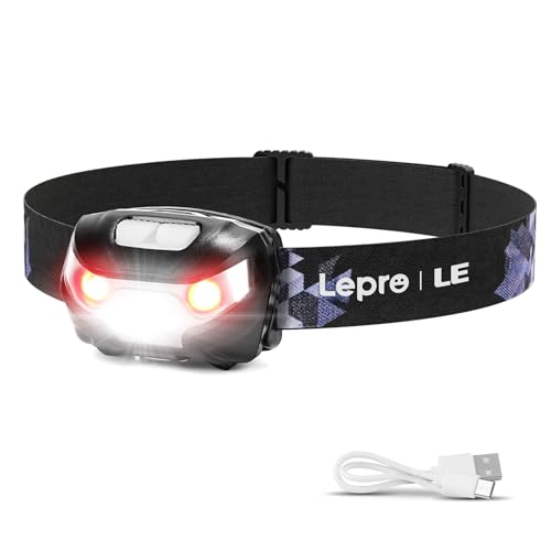 LE Linterna Frontal LED USB Recargable, Linterna Cabeza 5 Modos de Luz (Blanco y Rojo), Impermeable IPX4, Frontal LED Recargable para Pesca, Ciclismo, Running, Correr, Deporte Nocturno