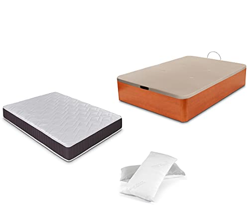 DORMIDAN - Pack de canapé abatible de Gran Capacidad + colchón viscoelástico + Almohada visco Copos de Regalo (135_x_190_cm, Cerezo)