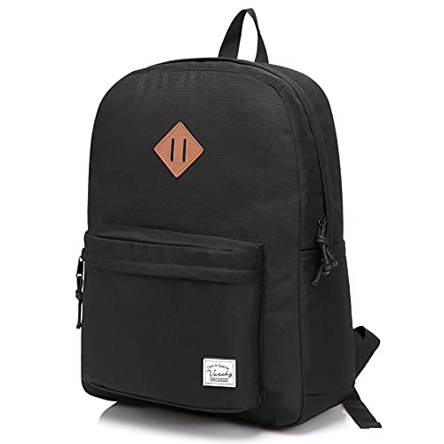 VASCHY Mochila escolar, ligera repelente al agua para hombres, mujeres, adolescentes y niños, Mochila Práctica para escuela, secundaria, colegio, ocio, negocios, viajes, Negro, talla única