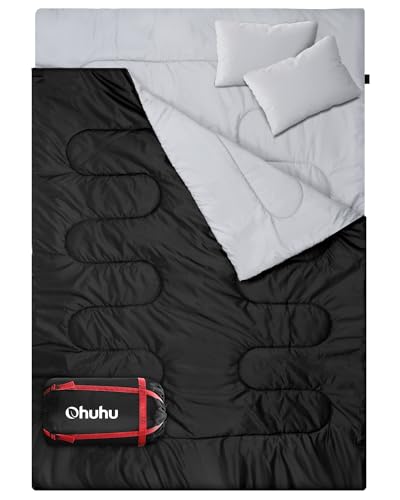 Ohuhu Saco de Dormir Doble Enorme 220x150cm con 2 Almohadas y una Bolsa de Transporte, Cuatro Doble Tiradores de la Cremallera - Temperatura Cómodo: 0 ° C ~ 10 ° C (Negro)