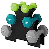 SONGMICS SYL612GN - Juego de mancuernas para musullas, peso con soporte de almacenamiento, fitness, 2 x 1 kg, 2 x 2 kg, 2 x 3 kg, revestimiento de vinilo, verde brillante, turquesa y gris claro