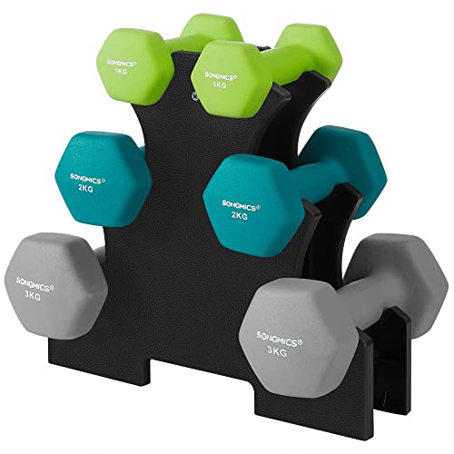 SONGMICS SYL612GN - Juego de mancuernas para musullas, peso con soporte de almacenamiento, fitness, 2 x 1 kg, 2 x 2 kg, 2 x 3 kg, revestimiento de vinilo, verde brillante, turquesa y gris claro