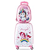 COSTWAY Maleta Infantil, Juego Equipaje de Viaje Cabina con Mochila Niños con Ruedas (Patrón de Unicornio)