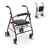 Mobiclinic, Modelo prado, Andador para minusválidos, Ancianos, Rollator, De aluminio, Ligero, Plegable, Frenos por presión, Con asiento, Cesta y 4 ruedas, Color burdeos