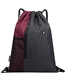 LIVACASA Mochilas de Cuerdas Mujer Hombre Toma USB para Auriculares con Bolsillos Mallas para Botellas Tela Oxford Bolsa de Cuerdas Mochilas Impermeables para Yoga Gimnasio Deportes Burdeos 43 * 33cm