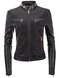 Aviatrix Cuero Real Corta Chaqueta De Motociclista Cabida De Las Mujeres (CRD9), Negro, L / Pecho=32"