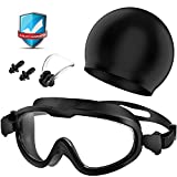 Gafas de Natación, Profesional Anti Niebla Sin Fugas Protección UV Marco grande Gafas para Nadar con Libre Clip de Nariz Enchufe de oído Gorro de baño para Hombres Mujeres Adultos Niños de la Juventud