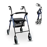 Mobiclinic, Modelo hércules, Rollator para ancianos y minusválidos, Andador mayores, De aluminio, Ligero, Cesta, Frenos en los puños, Plegable, Con asiento 4 ruedas, Azul