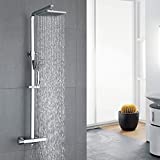 HOMELODY Sistema de ducha con termostato, ducha de lluvia, rectangular, incluye ducha de mano ABS, ducha de lluvia 19,7 x 19,7 cm, barra de ducha de acero inoxidable