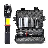 Juego de 2 linternas LED con base magnética, 6 modos, 1000 lúmenes, muy brillante, con zoom, nivel de resistencia al agua IPX6, linterna táctica de mano con iluminación oculta COB para camping, senderismo, emergencias, etc.