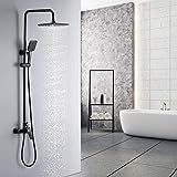 Auralum Columnade Ducha Negra Monomando para Baño, Conjunto Completo con Mezclador de Lluvia y Ducha de Mano con Altura Ajustable