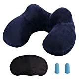 LUZWAY Almohada Inflable del Viaje, Cojín Inflable del Cuello de Viaje, Hecho de Terciopelo Suave y Funda Lavable con Tapones para los Oídos, Máscara de los Ojos y Bolsa de Transporte (Azul)