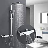 HOMELODY Columna Ducha Termostática con Grifo Bañera Cascada, 38 °C Conjunto de Ducha Con Mezclador, Sistema de Ducha Termostatico Cuadrado 25 * 25CM Acero Inoxidable, Ducha De Altura Ajustable